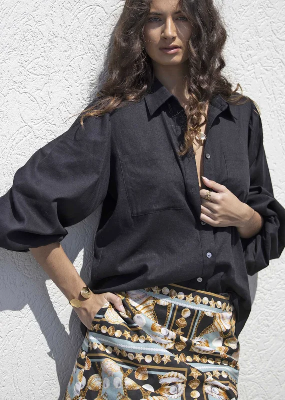 Sydney Black Linen Blouse Subtle Shimmer Blouse