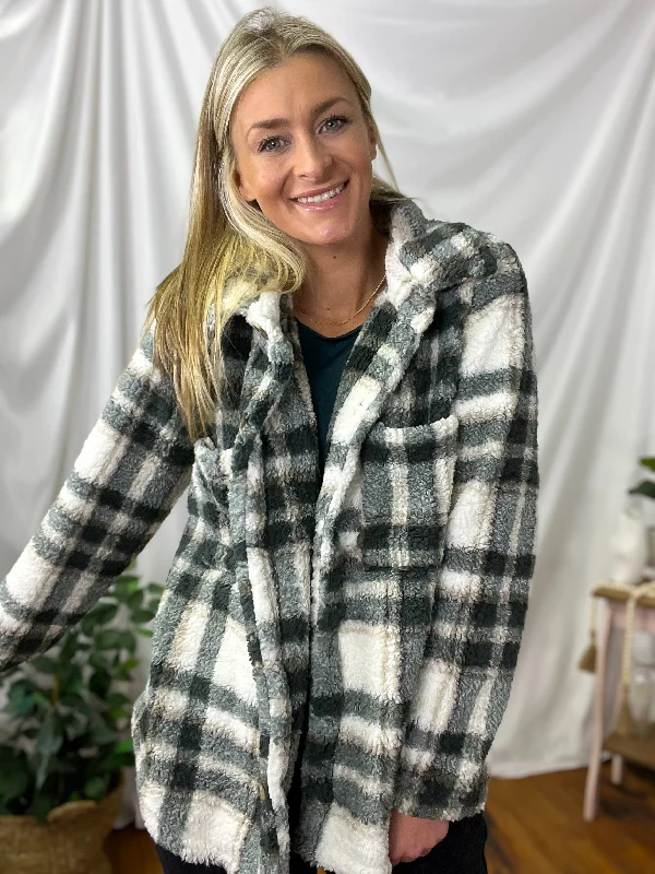 Teal & Taupe Brushed Plaid Button Up Shacket Boho Printed Blouse