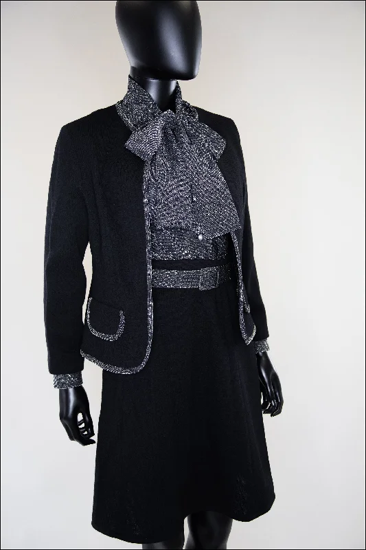 Vintage Black Silver Wool Mini Suit and Blouse Chic Sleeveless Blouse