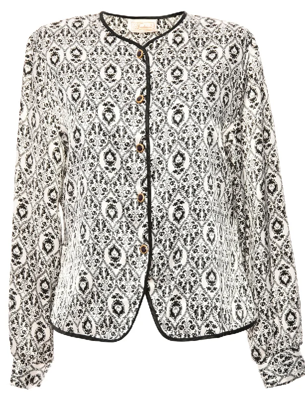 White & Black Patterned Traditions Blouse - M Feminine Satin Blouse