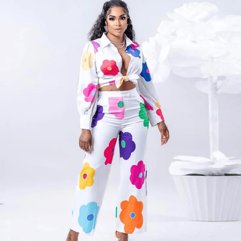 Women's Fashion Casual Digital Printed Flowers Blouse And Pants Double Button Blouse Women's Fashion Casual Digital Printed Flowers Blouse And Pants Double Button Blouse