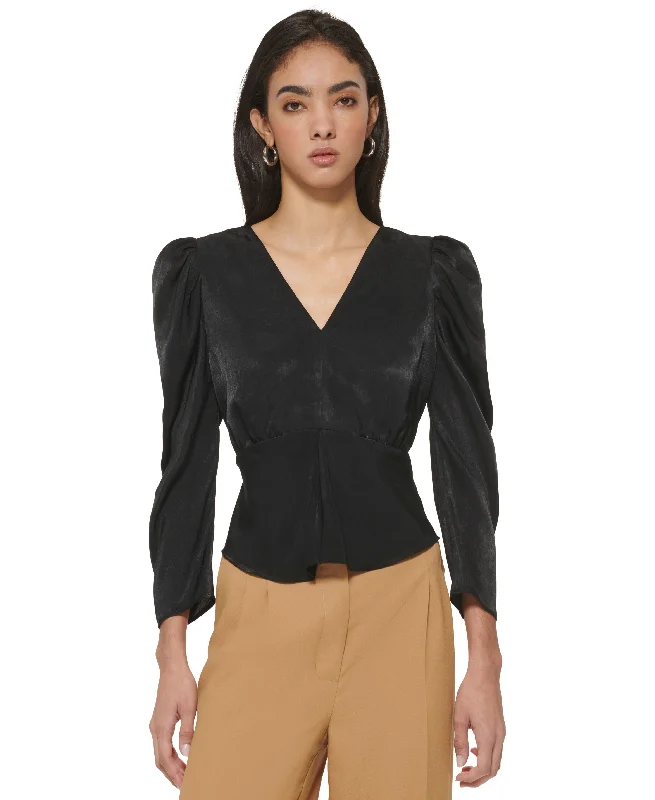 Women's Puff-Sleeve V-Neck Blouse Delicate Pleat Blouse