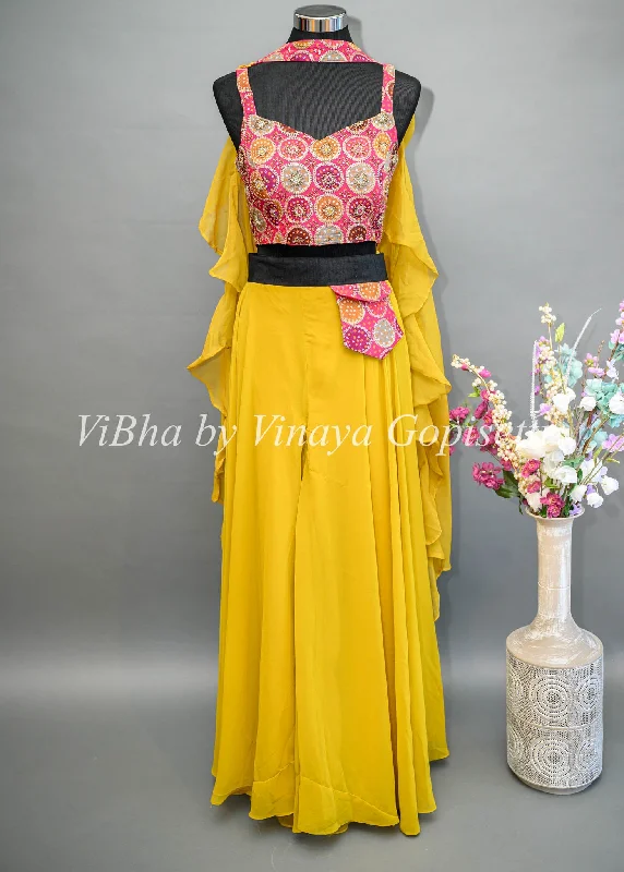 Yellow Sharara Set with Pink Brocade Blouse and Choker Dupatta Feminine Ruffle Blouse Yellow Sharara Set with Pink Brocade Blouse and Choker Dupatta Feminine Ruffle Blouse