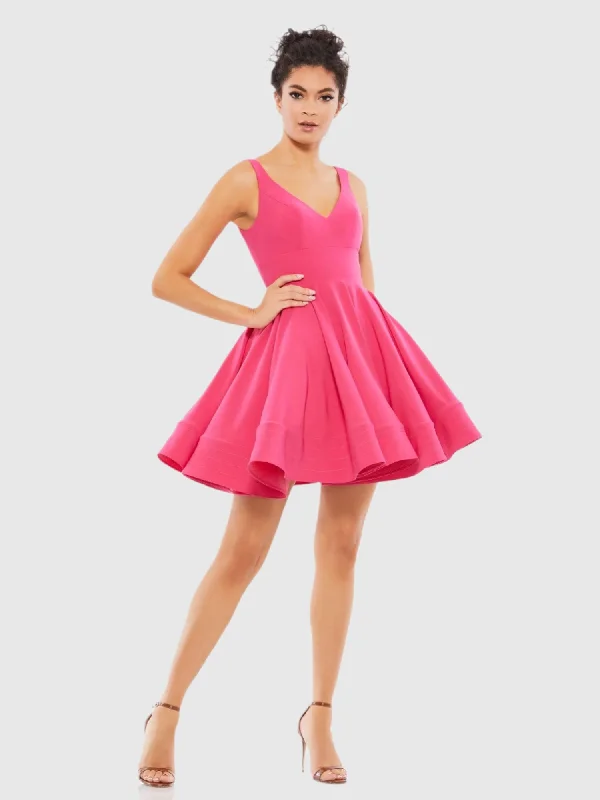 Pink V Neck Fit & Flare Mini Dress Stylish Button-Down Mini Dress
