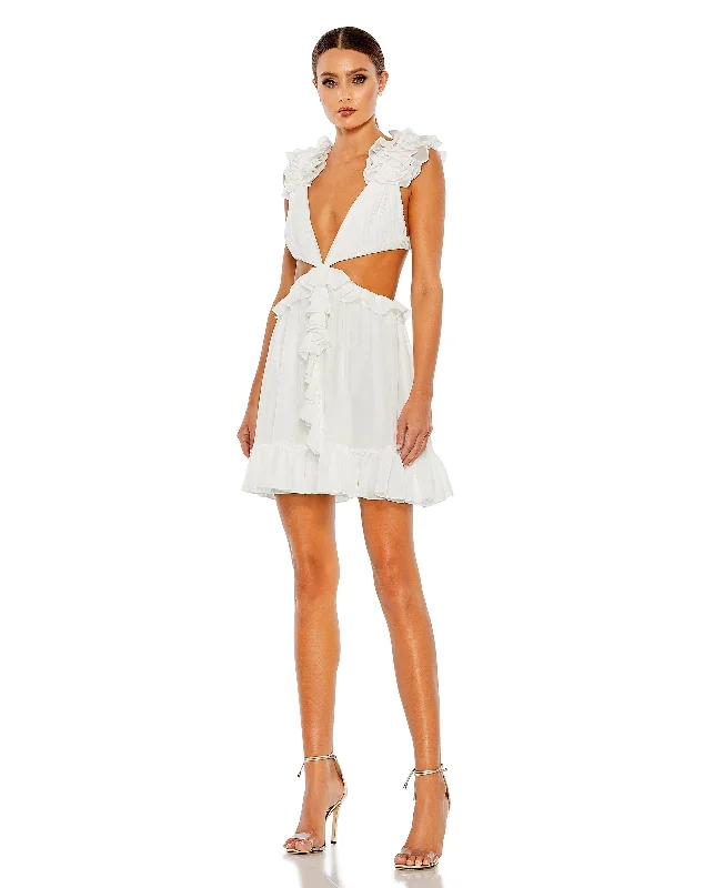Ruffled Cut-Out V Neck Mini Dress Stylish Ruffle Mini Dress