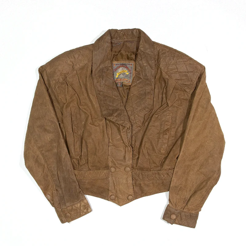 ADVENTURE ROUND Jacket Brown 90s Leather Biker Womens M Boat Neck Shawl Collar Notched Collar ADVENTURE ROUND Jacket Brown 90s Leather Biker Womens M Boat Neck Shawl Collar Notched Collar