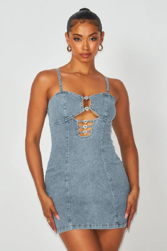 Antonia Rhinestone Heart Denim Jean Mini Dress Trendy Crossover Mini Dress