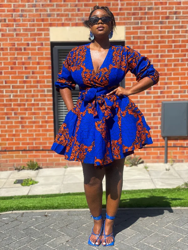 Bekky Ankara Mini Dress | Blue and Orange African Print Fashionable Button-Front Mini Dress Bekky Ankara Mini Dress | Blue and Orange African Print Fashionable Button-Front Mini Dress