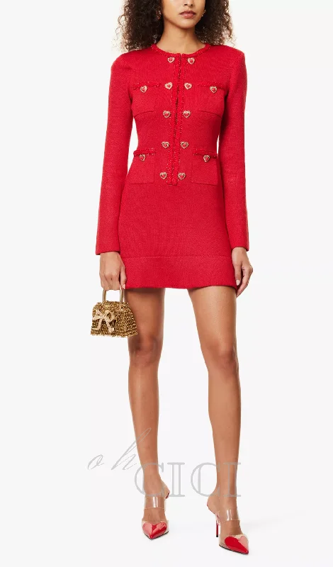 BETTY PATCH-POCKET ROUND-NECK KNITTED MINI DRESS IN RED Trendy Cut-Out Mini Dress