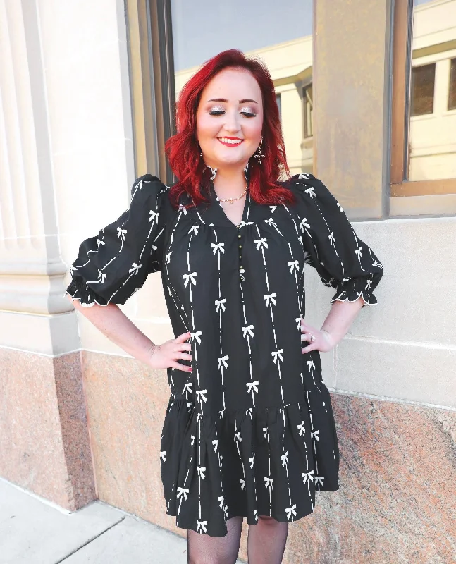 Black Bow Detail Mini Dress | Boutique Elise | Becky Comfortable Shift Mini Dress