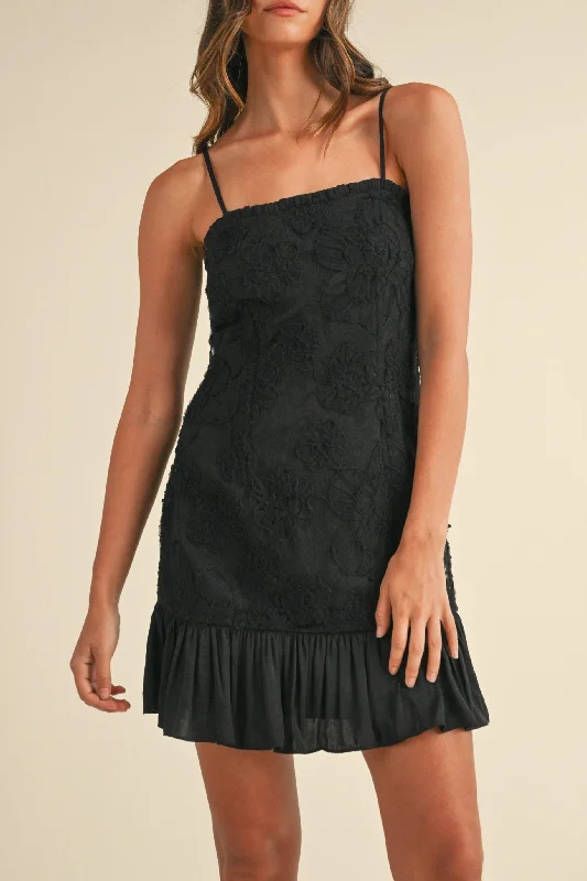 Black Textured Floral Applique Tiered Hem Mini Dress Trendy Denim Mini Dress