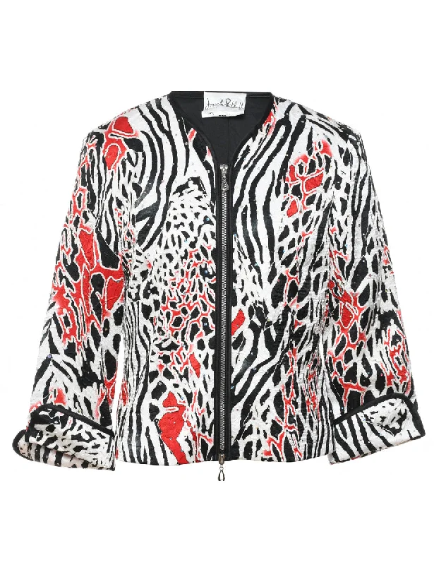 Black, White & Red Abstract Pattern Sparkly Evening Jacket - M Snapped Jacket Toggled Jacket Drawstring Jacket Black, White & Red Abstract Pattern Sparkly Evening Jacket - M Snapped Jacket Toggled Jacket Drawstring Jacket