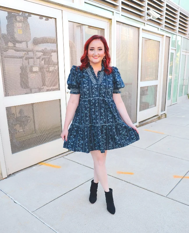 Blue Floral Mini Dress | Boutique Elise | Jean Stylish Short Sleeve Mini Dress