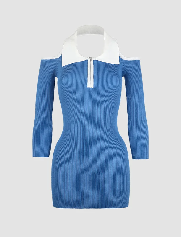Blue Lapel Off-the-shoulder Knitted Mini Dress Classic Shift Mini Dress