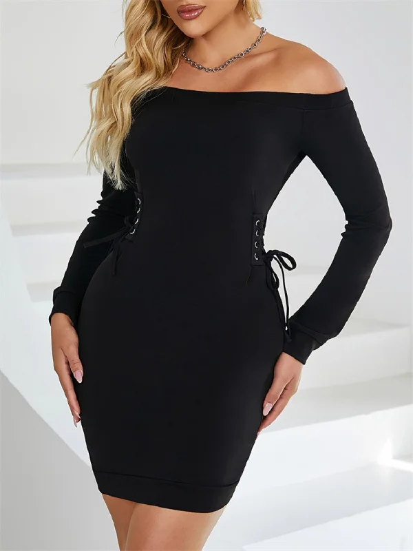 Blue Zone Planet | Lace-Up Off Shoulder Long Sleeve Mini Dress Classic White Mini Dress Blue Zone Planet | Lace-Up Off Shoulder Long Sleeve Mini Dress Classic White Mini Dress