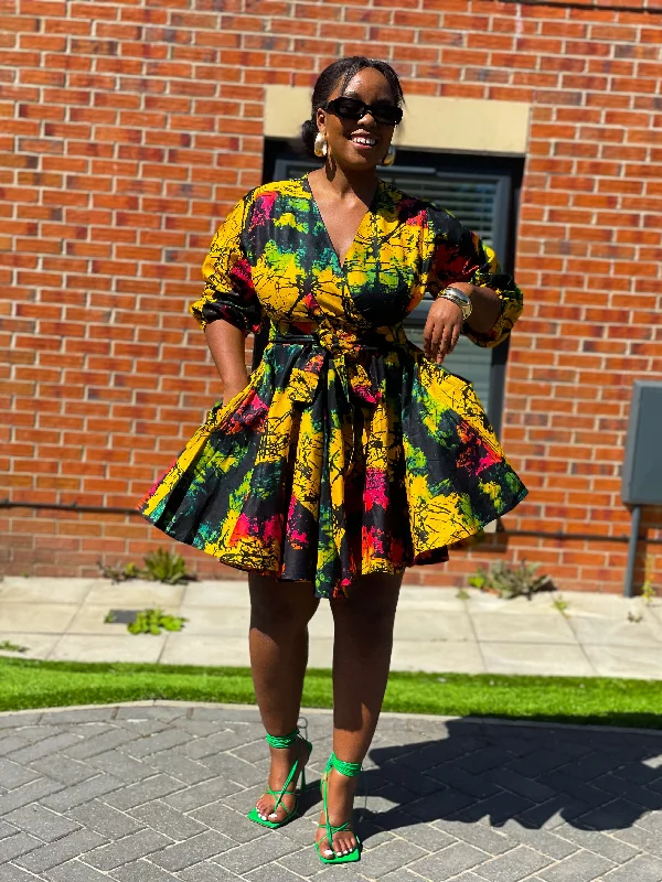 Brenie Ankara Mini Dress | Green and Yellow Multicoloured Print Trendy Wraparound Mini Dress Brenie Ankara Mini Dress | Green and Yellow Multicoloured Print Trendy Wraparound Mini Dress
