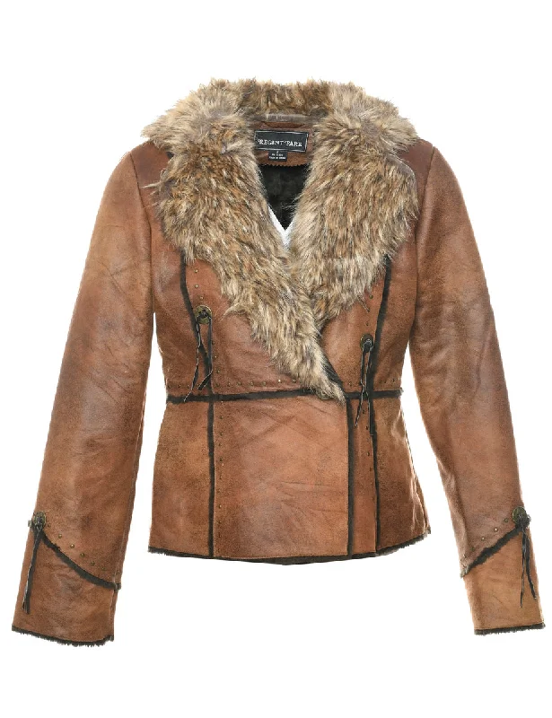 Brown Faux Shearling Jacket - S Rayon Fabric Velvet Fabric Corduroy Fabric
