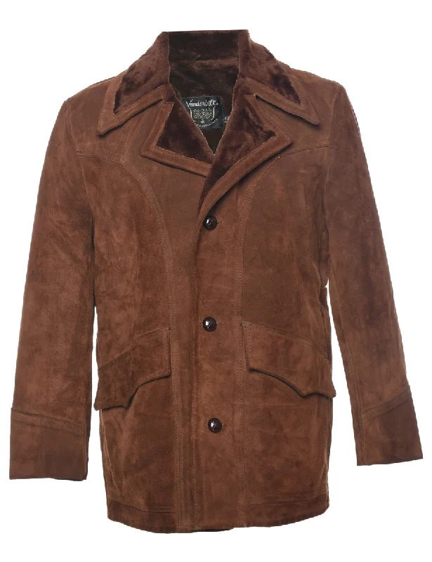 Brown Shearling Suede Jacket - M Boat Neck Shawl Collar Notched Collar