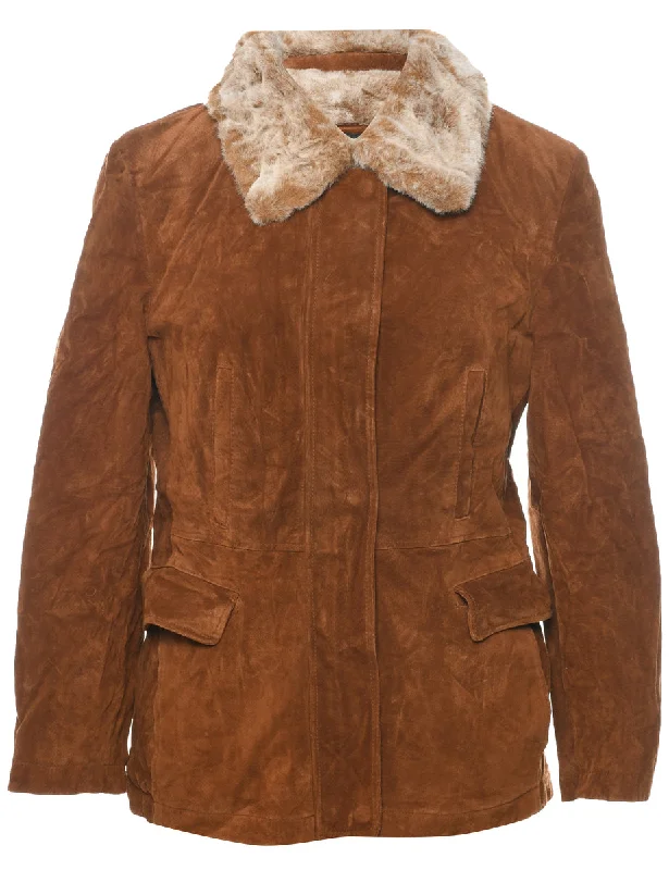 Brown Shearling Suede Jacket - M Elasticated Jacket Padded Jacket Insulated Jacket