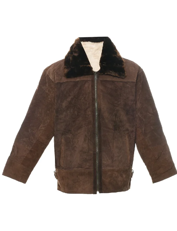 Brown Shearling Suede Jacket - XL Front Pockets Side Pockets Patch Pockets