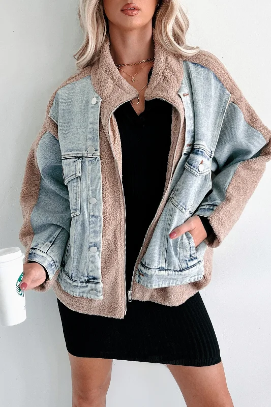 Call It Cozy Denim Teddy Jacket (Multi) Zippered Front Buttoned Front Snap Front