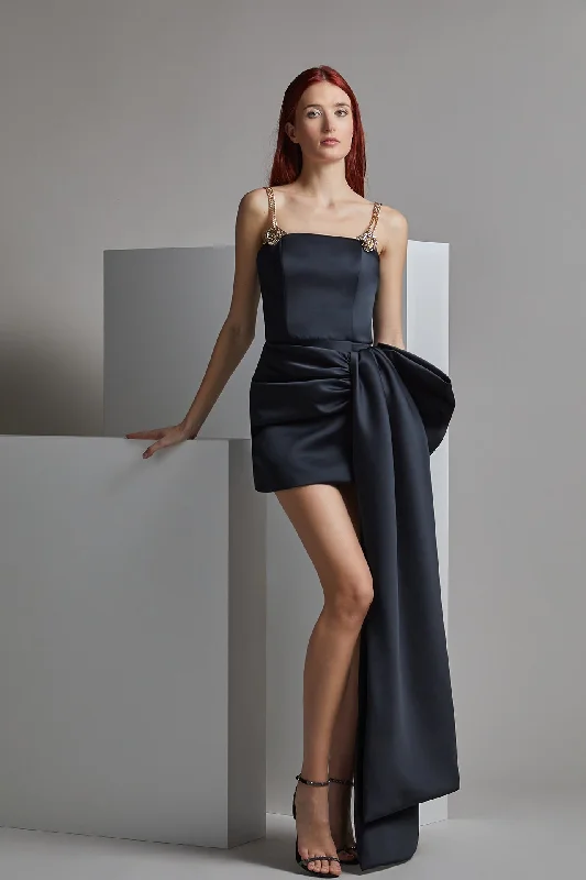 Chained straps mini dress with side draping Cozy Knit Mini Dress
