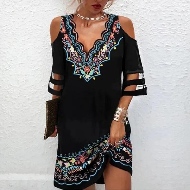 Colorful Ethnic Print Cold Shoulder Black Cut Out Mini Dress Trendy Floral Mini Dress Colorful Ethnic Print Cold Shoulder Black Cut Out Mini Dress Trendy Floral Mini Dress