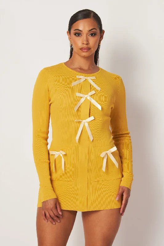 Coraline Bow Detail Long Sleeve Knit Mini Dress Cozy Satin Mini Dress