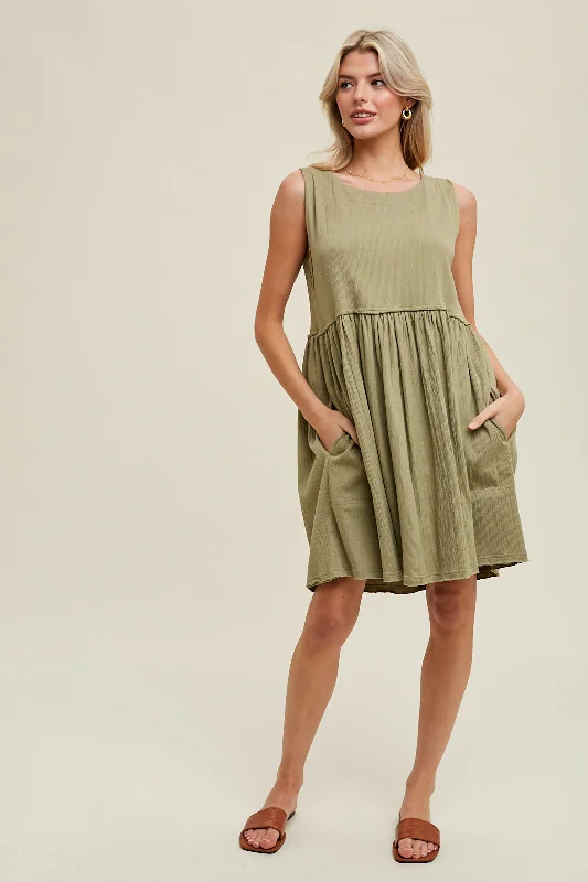 CRINKLE KNIT MINI DRESS Casual Button-Up Mini Dress