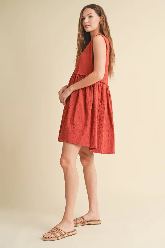 CRINKLE KNIT MINI DRESS BRICK Cozy T-Shirt Mini Dress