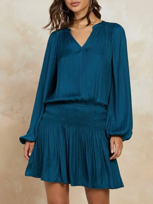 Crinkled Mini Dress - Dark Blue FINAL SALE Fashionable Mini Dress with Slits