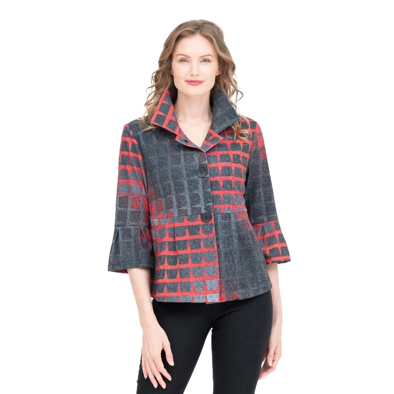 Damee Two-Tone Grid-Print Short Peplum Jacket - 4946-RD Oversized Jacket Tailored Jacket Straight Jacket Damee Two-Tone Grid-Print Short Peplum Jacket - 4946-RD Oversized Jacket Tailored Jacket Straight Jacket