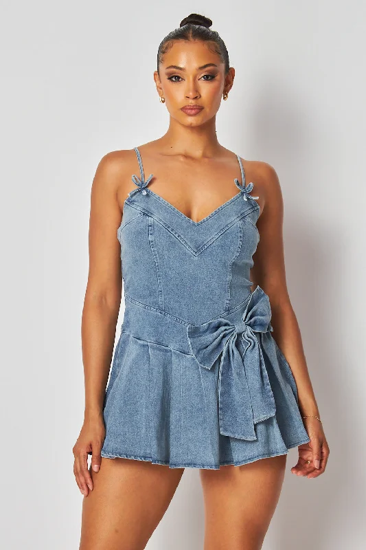 Deanna Bow Detail Pleated Denim Cami Mini Dress Trendy Cut-Out Mini Dress
