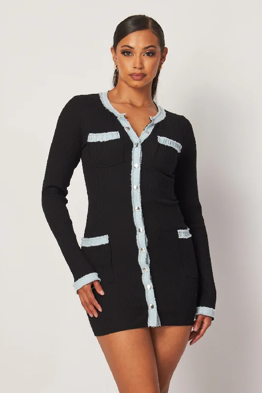 Deena Denim Contrast Rib Knit Bodycon Mini Dress Fashionable Button-Front Mini Dress Deena Denim Contrast Rib Knit Bodycon Mini Dress Fashionable Button-Front Mini Dress