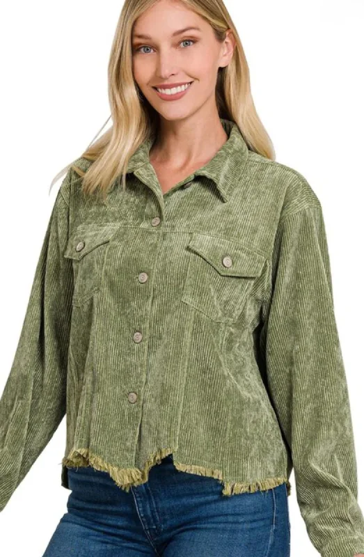 Distressed Corduroy Frayed Hem Cropped Jacket Bomber Jacket Anorak Windbreaker