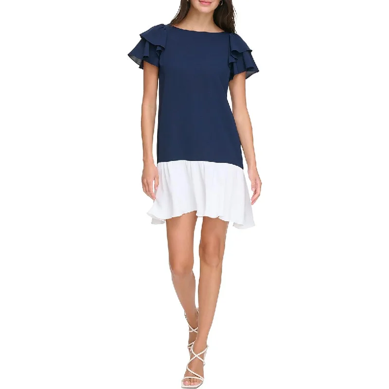DKNY Womens Colorblock Flutter Sleeves Mini Dress Cozy Cotton Mini Dress