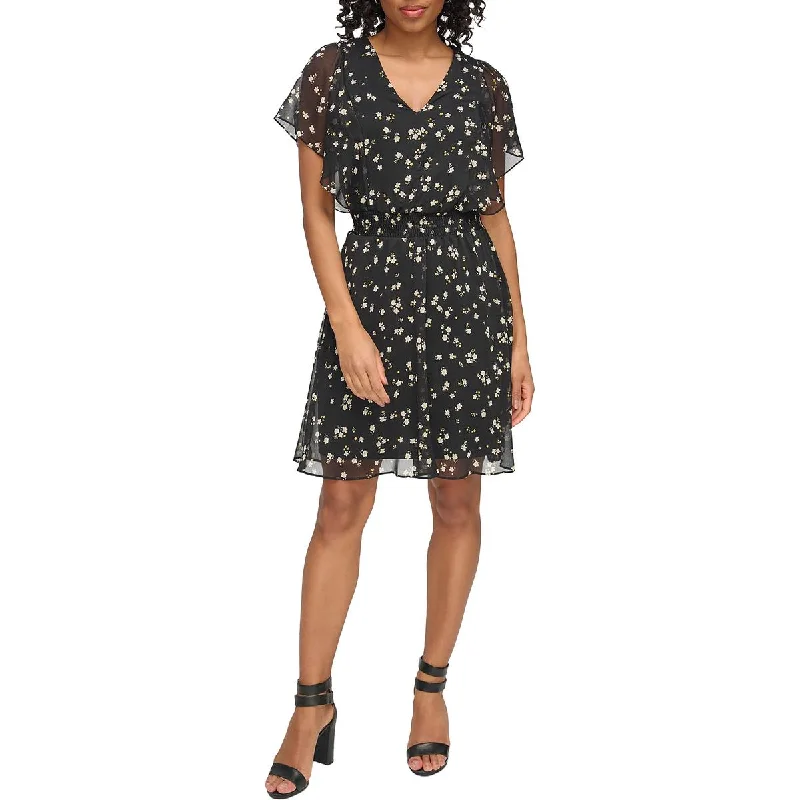 DKNY Womens V-Neck Floral Mini Dress Elegant Satin Mini Dress