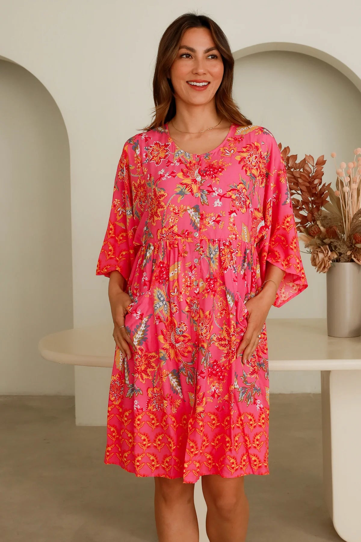 Dreamcatcher Beverly 3/4 Sleeve Mini Dress Pink Floral Fashionable Pleated Mini Dress Dreamcatcher Beverly 3/4 Sleeve Mini Dress Pink Floral Fashionable Pleated Mini Dress