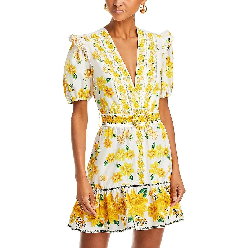 FARM Rio Womens Floral Button Down Mini Dress Elegant Off-Shoulder Dress Mini