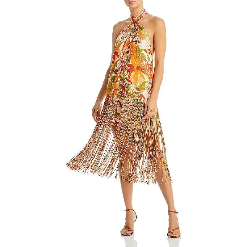 FARM Rio Womens Fringe Halter Top Mini Mini Dress Stylish Short Sleeve Mini Dress