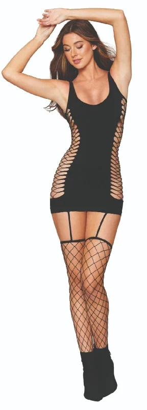 Fence Net Lingerie Mini Dress with Garters Elegant Satin Lace Mini Dress