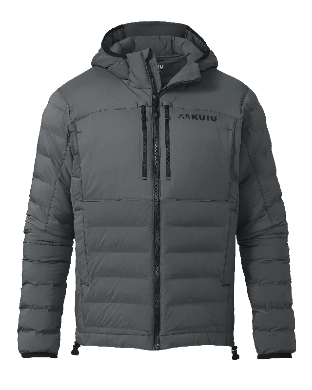 Flyway Insulated Hooded Jacket | Gunmetal A-Line Jacket Boat Neck Shawl Collar
