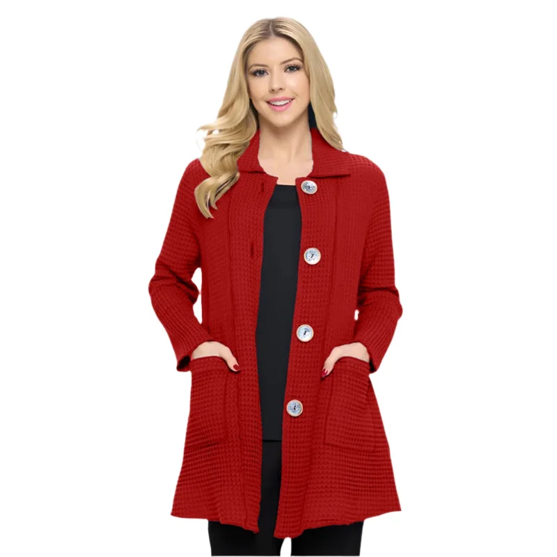 Focus Long Button Up Waffle Jacket in Brick Red - BW-201-RD Striped Jacket Polka Dot Jacket Floral Jacket Focus Long Button Up Waffle Jacket in Brick Red - BW-201-RD Striped Jacket Polka Dot Jacket Floral Jacket