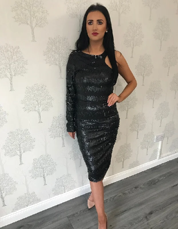 Gemini Dress Embellished In Leatherette Sequins Cozy Long Sleeve Mini Dress