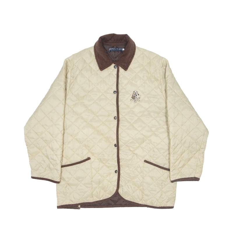 GEORGYA STUDIO Disney Insulated Quilted Jacket Cream Nylon 90s Womens L Embroidered Jacket Appliqued Jacket Beaded Jacket GEORGYA STUDIO Disney Insulated Quilted Jacket Cream Nylon 90s Womens L Embroidered Jacket Appliqued Jacket Beaded Jacket