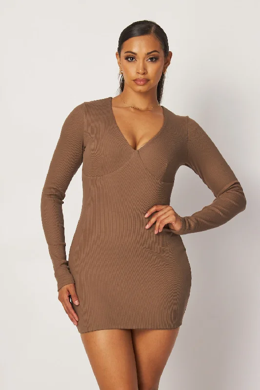 Geraldine V-Neck Rib Knit Bodycon Mini Dress Elegant Lace-Up Mini Dress