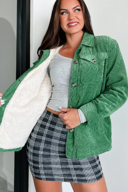 Hot Chocolate Weather Sherpa Lined Corduroy Jacket (Green) Embroidered Jacket Appliqued Jacket Beaded Jacket