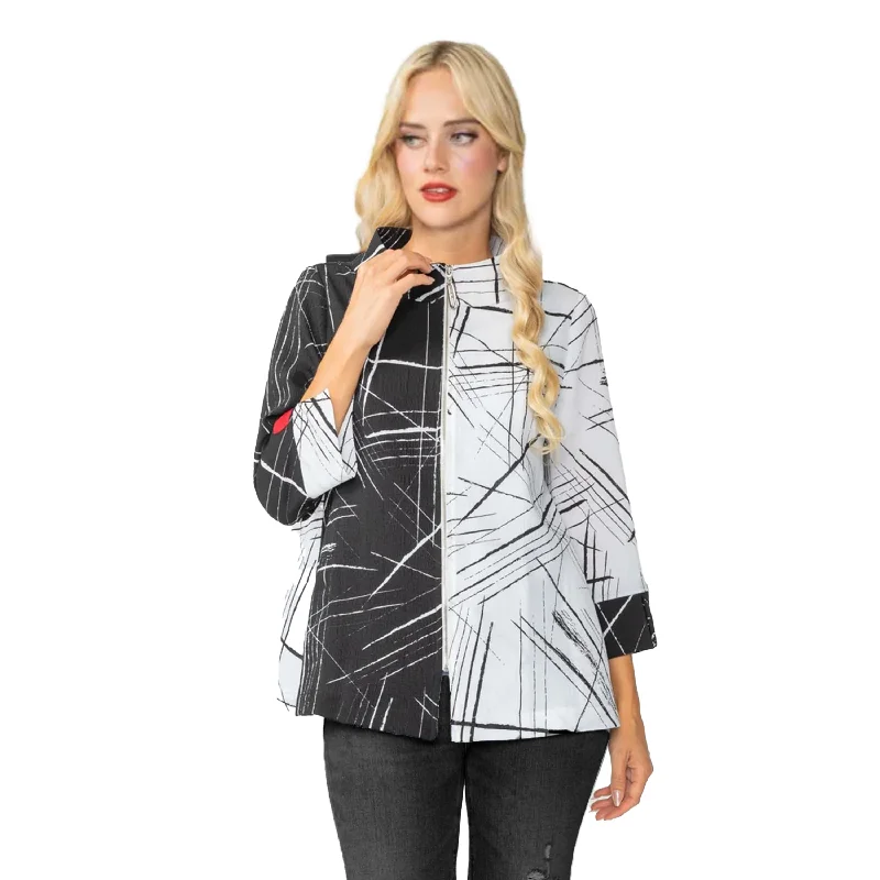 IC Collection "Pick up Stix" Black & White Zip Front Jacket - 7034J Appliqued Jacket Beaded Jacket Sequined Jacket IC Collection "Pick up Stix" Black & White Zip Front Jacket - 7034J Appliqued Jacket Beaded Jacket Sequined Jacket
