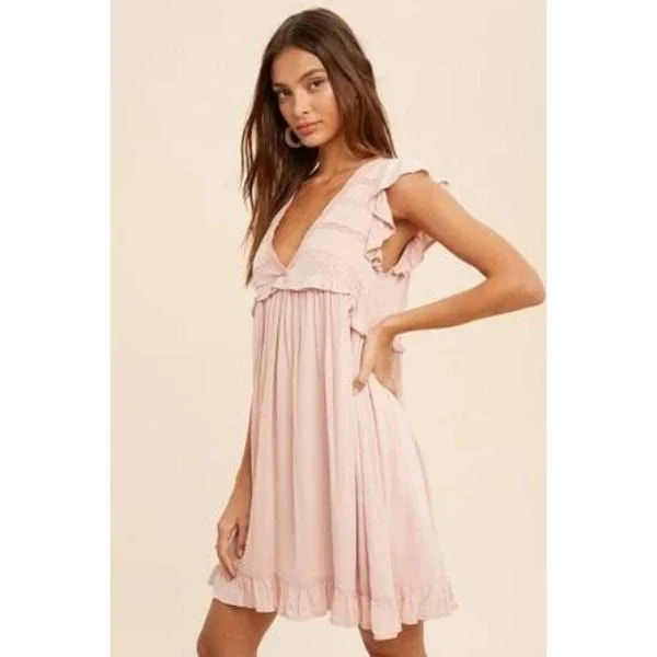 Lace accent ruffle trim mini dress Stylish Ribbed Mini Dress