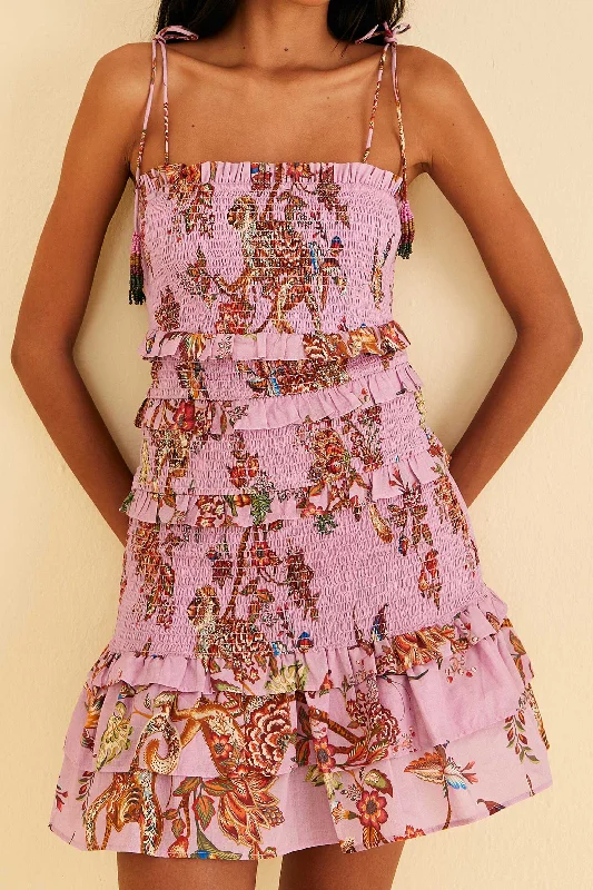 Lilac Floral Monkey Smocked Mini Dress Trendy Tulle Mini Dress